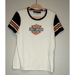 Harley-Davidson Womens White Rhinestone Logo Colorblock Ringer T-Shirt Medium
